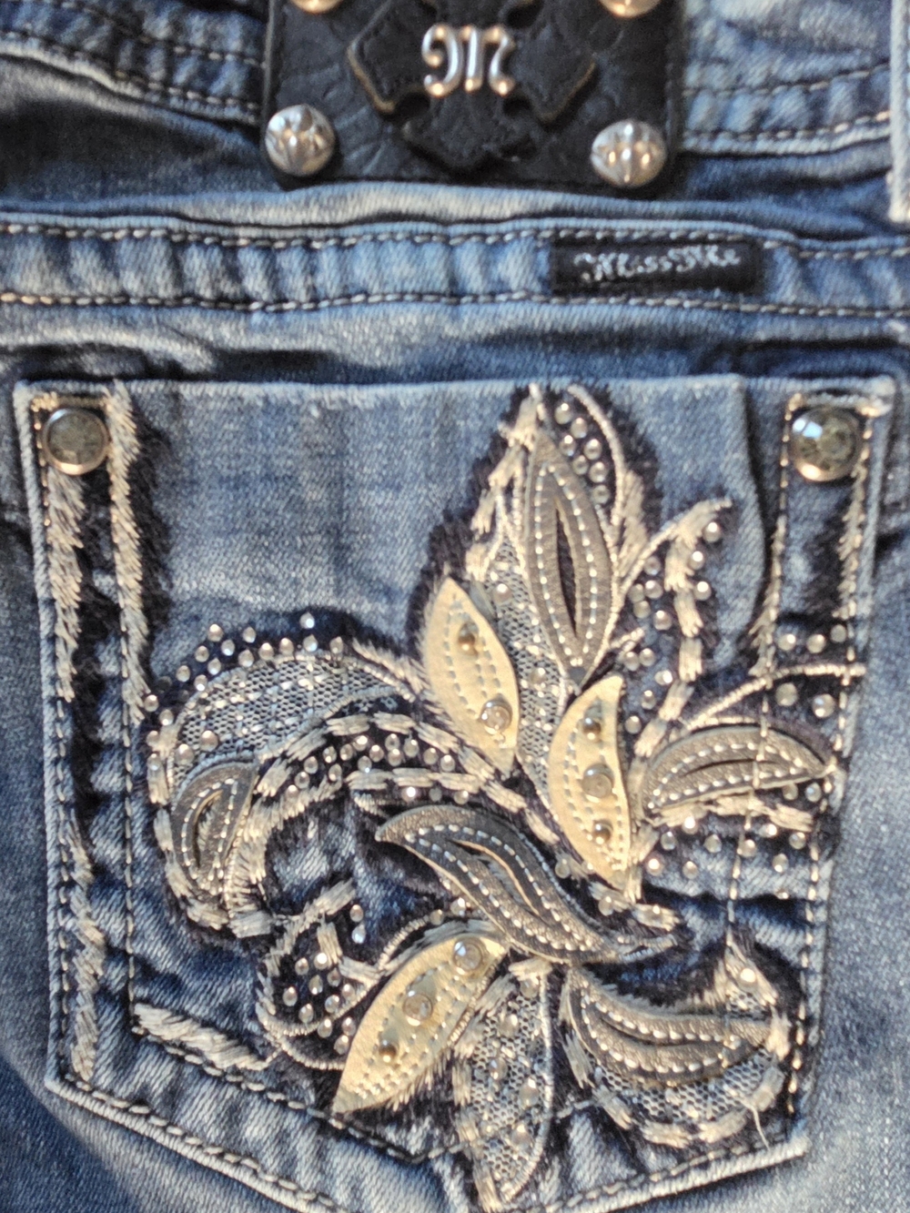 Miss Me JE5796BL Dark Wash Bootcut Thick Stitch Rhinestone Bling Jeans Size 29